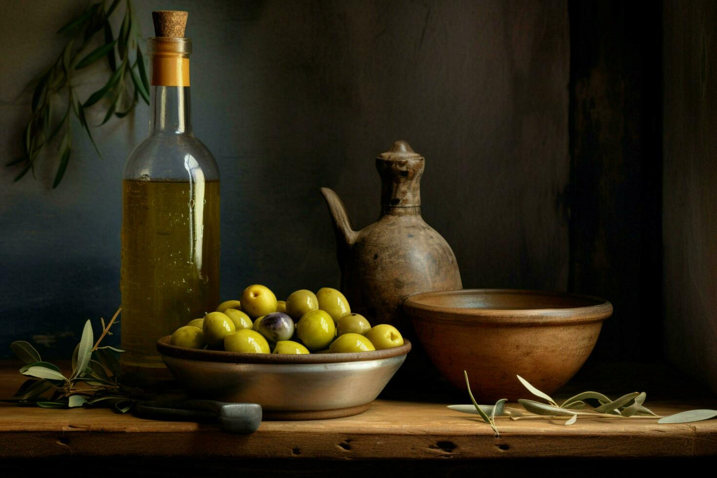a bottle of olive oil next to a bowl of olives photo