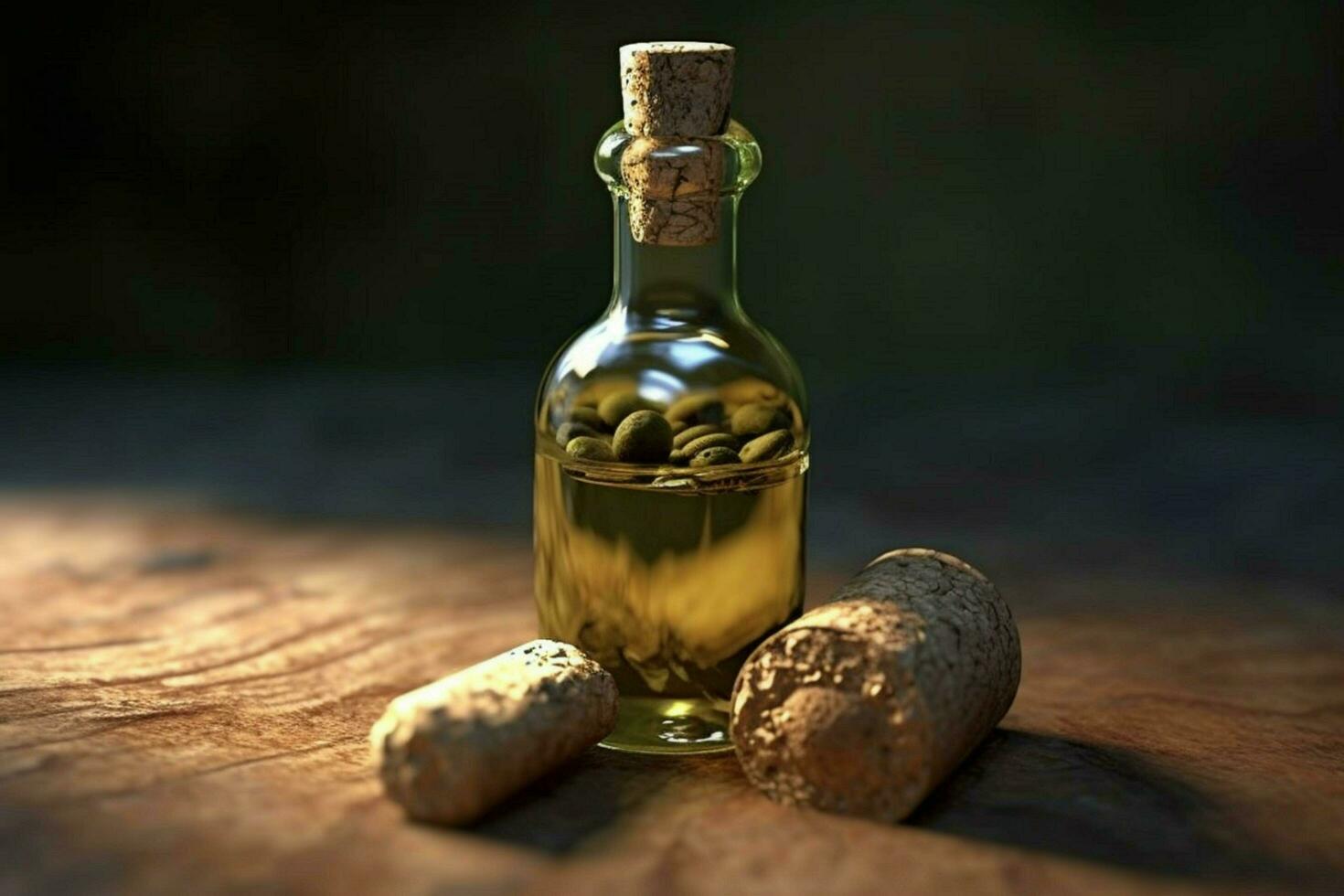 a bottle of olive oil with a cork in the top photo