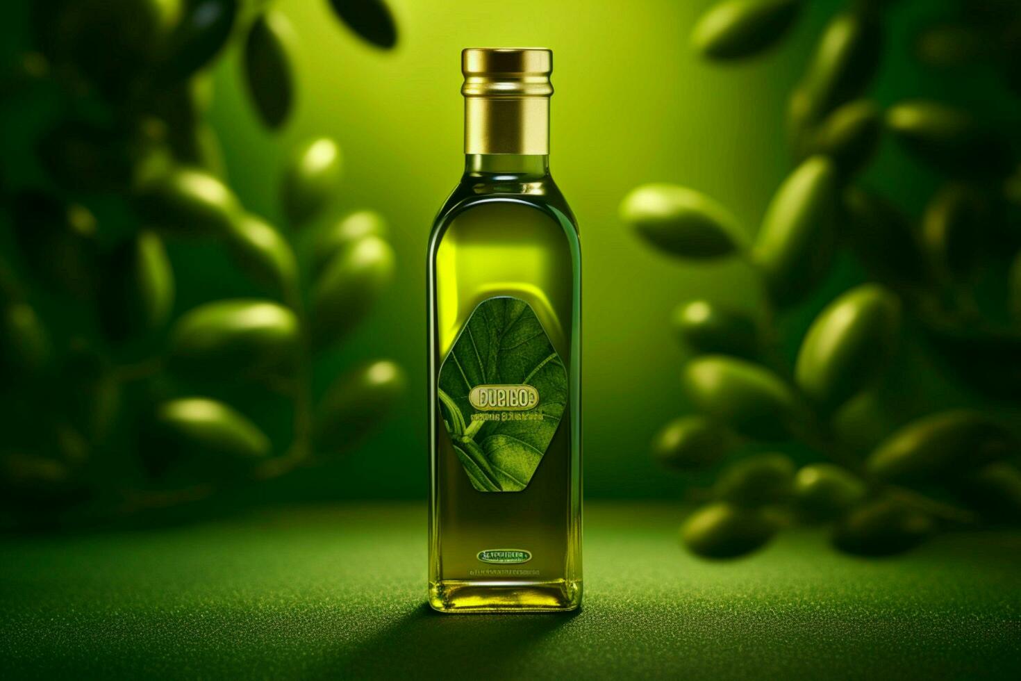 a bottle of olive oil with a green background photo