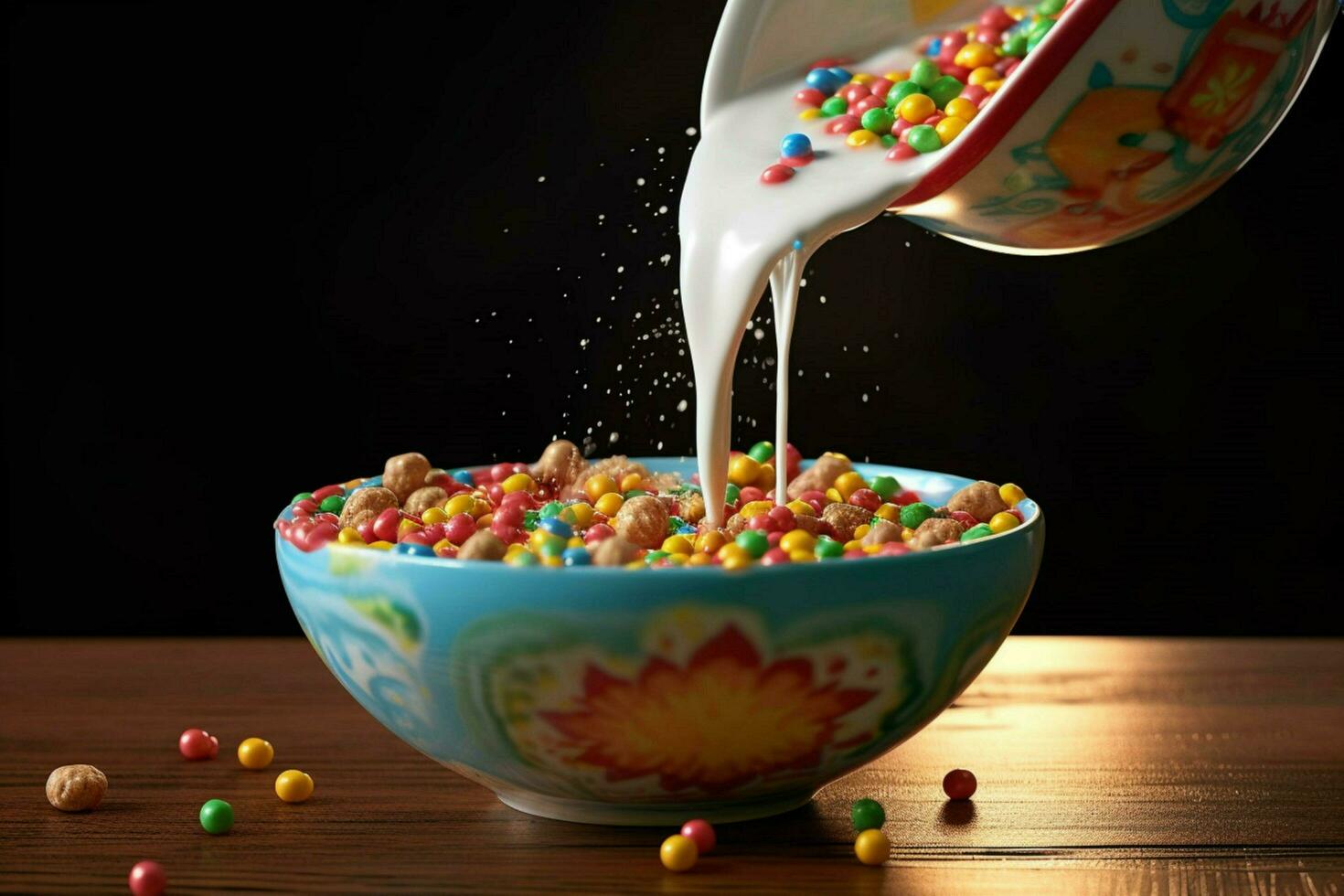 a bowl of cereal being poured into a bowl with a photo