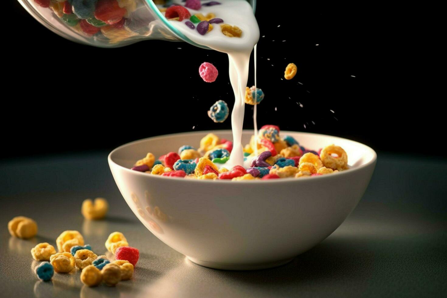 a bowl of cereal being poured into a bowl with mi photo