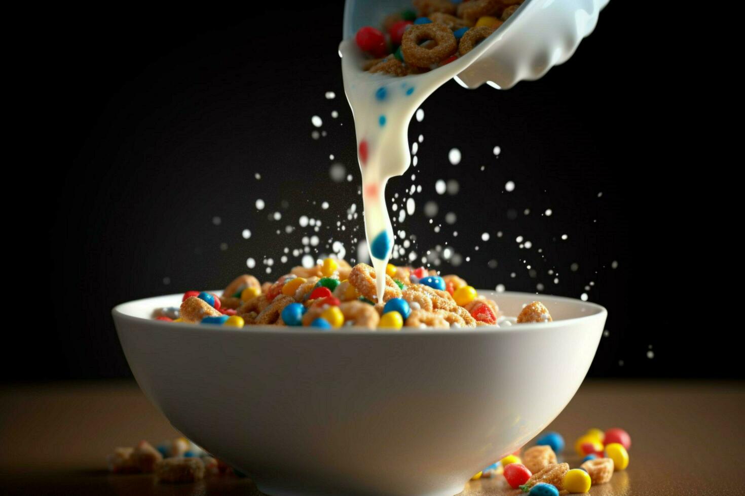 un cuenco de cereal siendo vertido dentro un cuenco con un foto