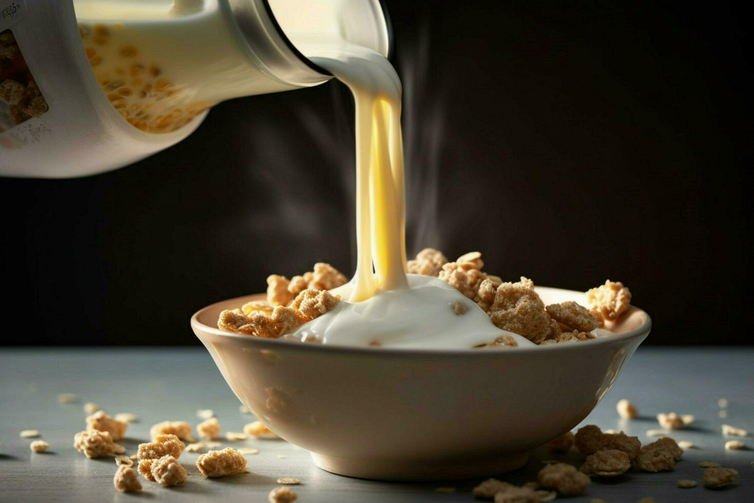 a bowl of cereal being poured into a bowl with mi photo