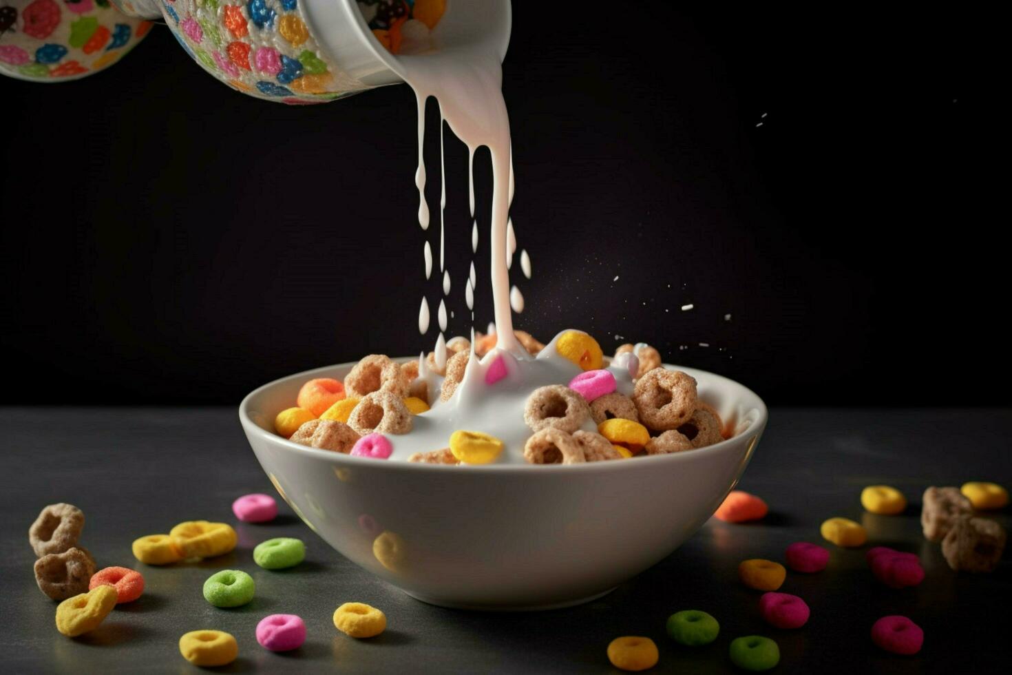 a bowl of cereal being poured into a bowl with mi photo