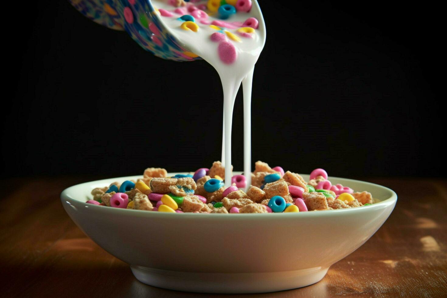 a bowl of cereal is being poured into a bowl with photo