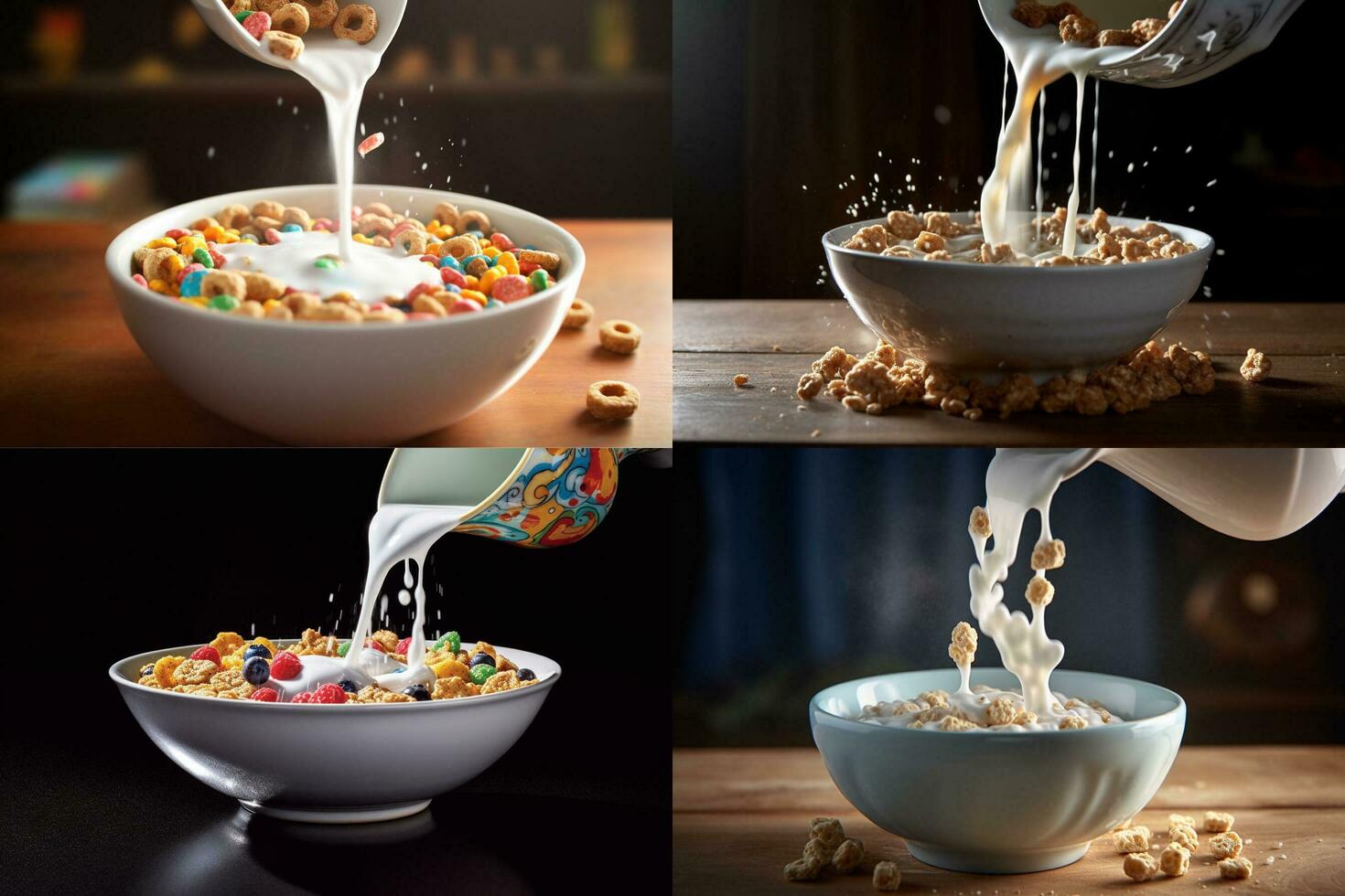 a bowl of cereal with a white liquid being poured photo