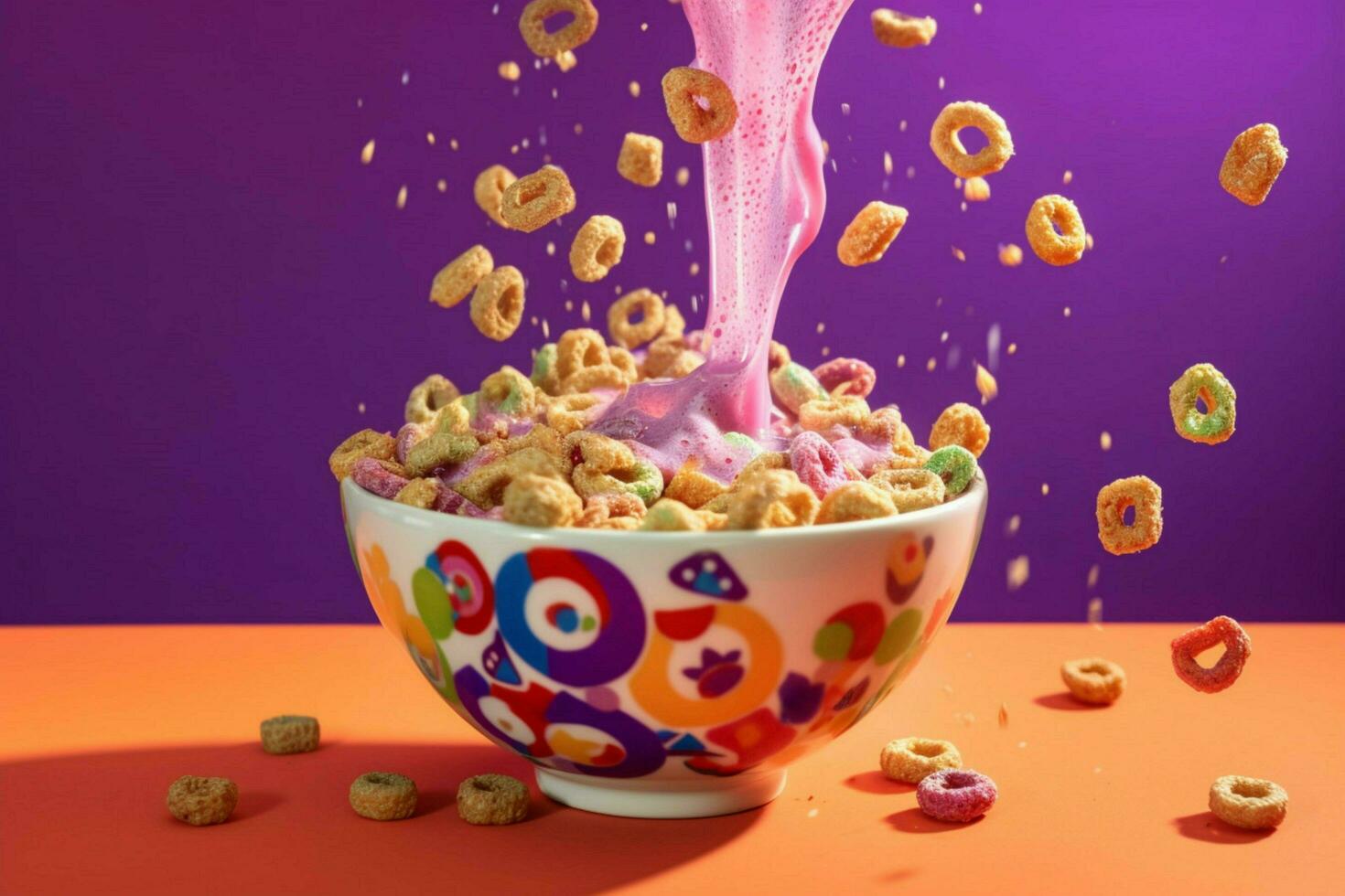 a bowl of cereal is being poured into a bowl with photo