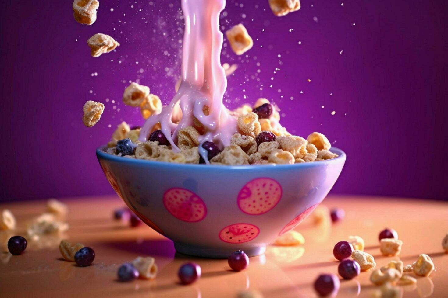 a bowl of cereal is being poured into a bowl with photo