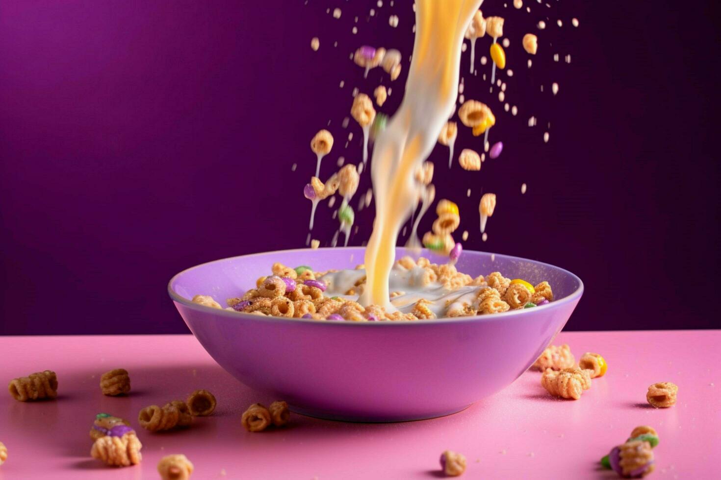 un cuenco de cereal es siendo vertido dentro un cuenco con foto