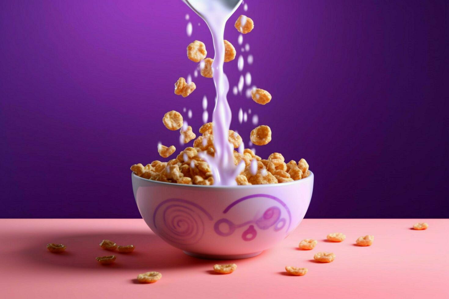 un cuenco de cereal es siendo vertido dentro un cuenco con foto