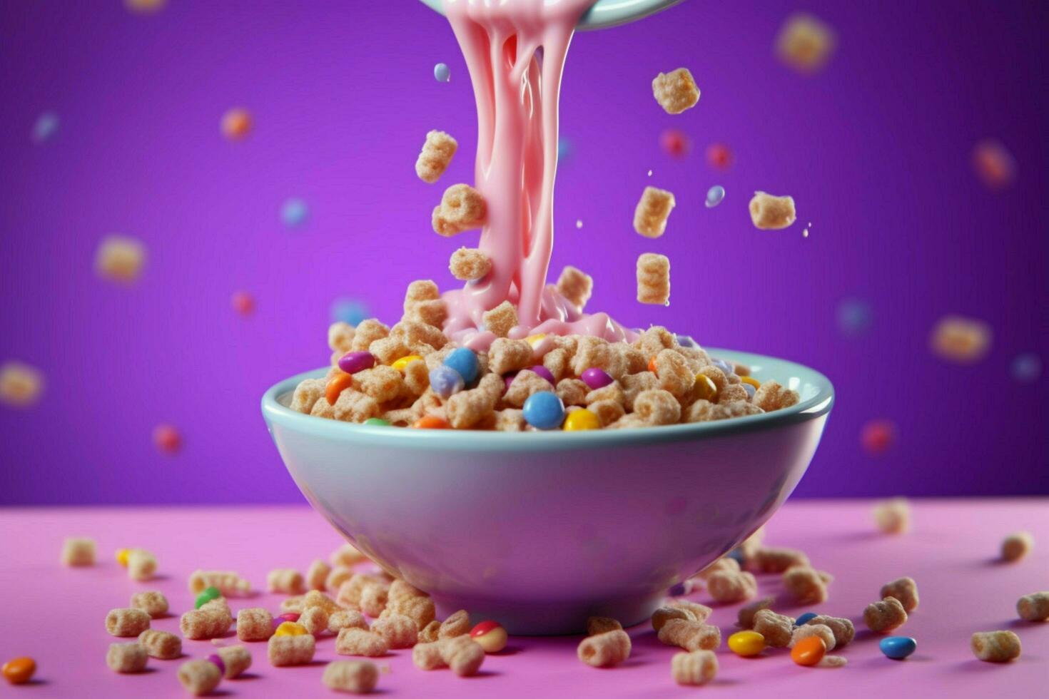 a bowl of cereal is being poured into a bowl with photo