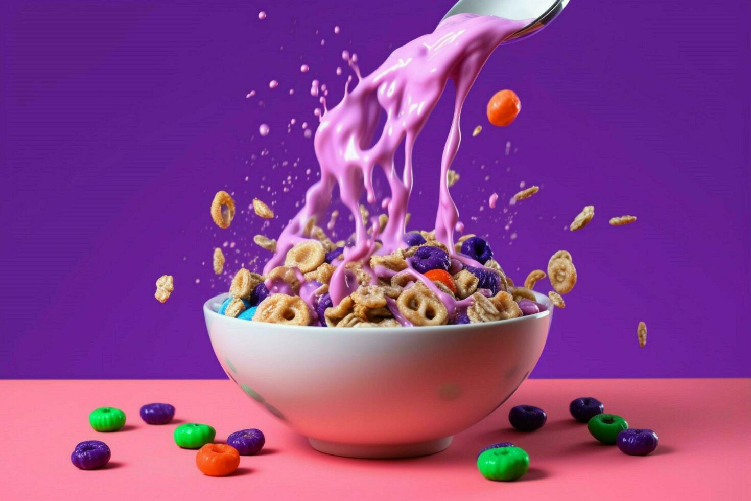 a bowl of cereal is being poured into a bowl with photo