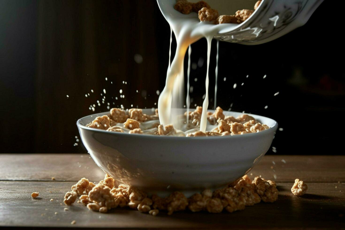 a bowl of cereal with a white liquid being poured photo