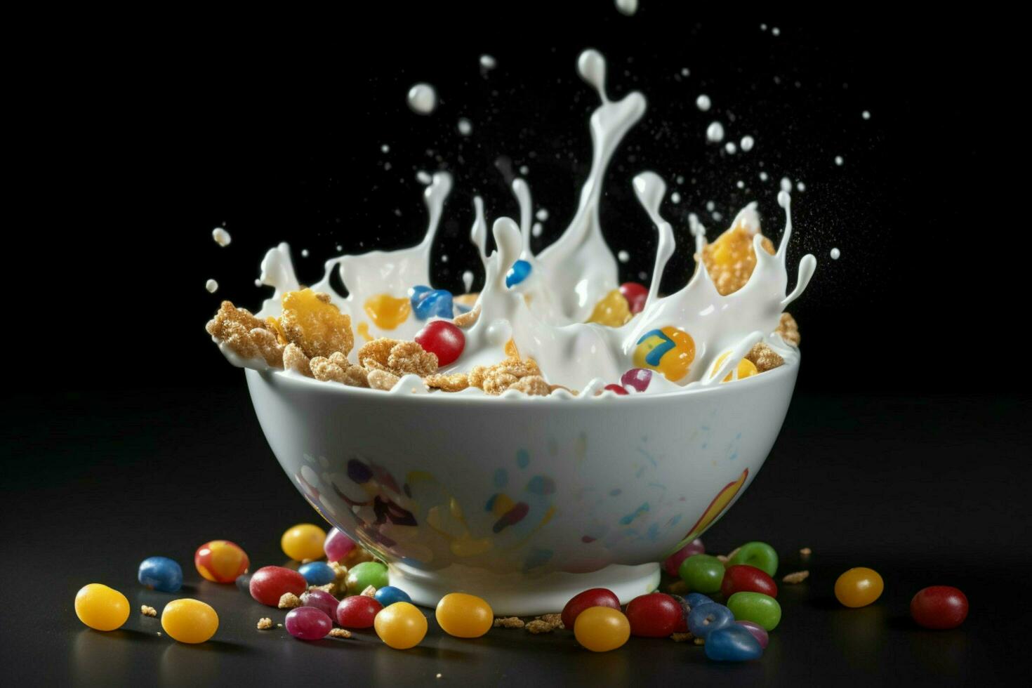 a bowl of cereal with milk and a splash of milk photo