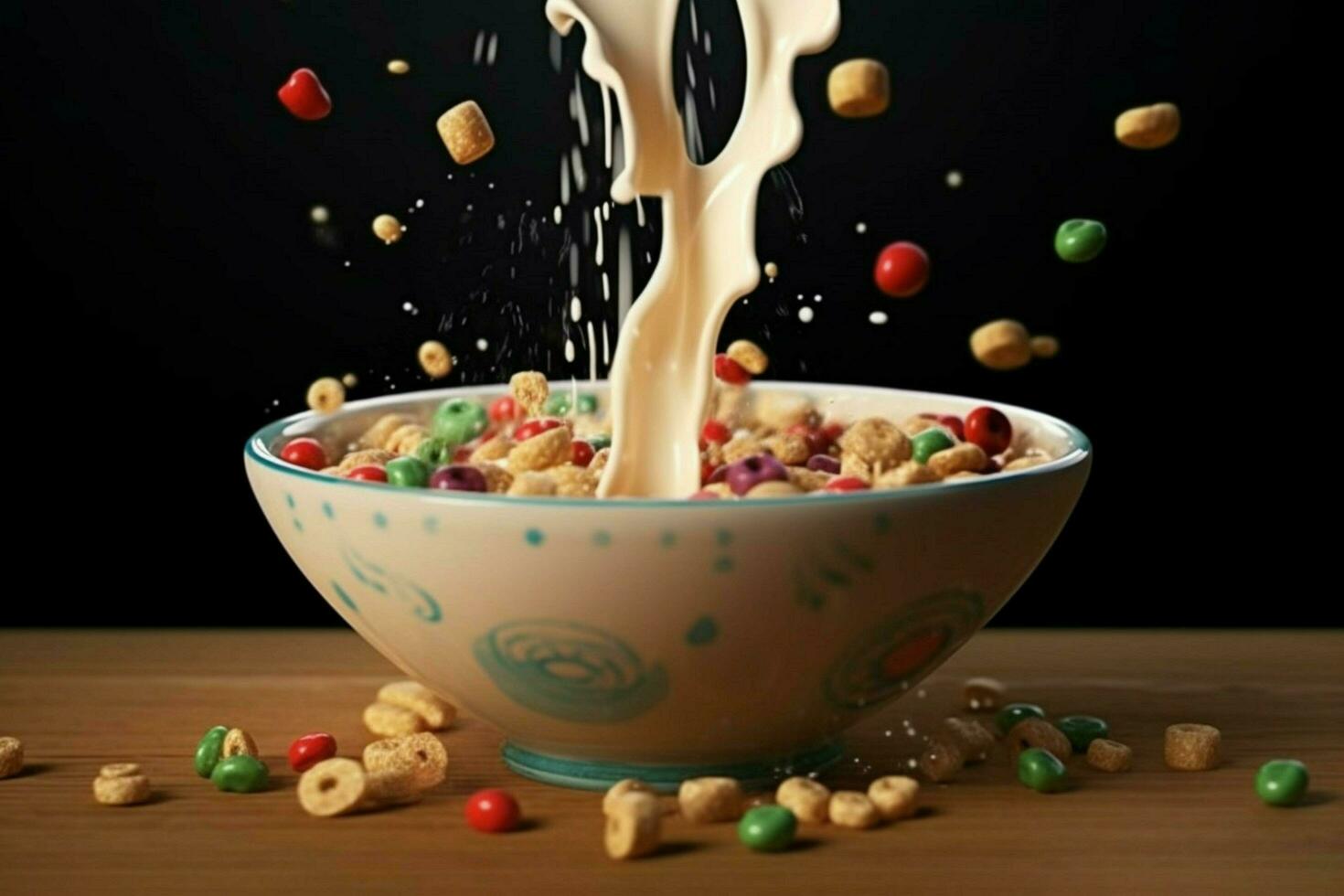 un cuenco de cereal con Leche y un chapoteo de Leche foto