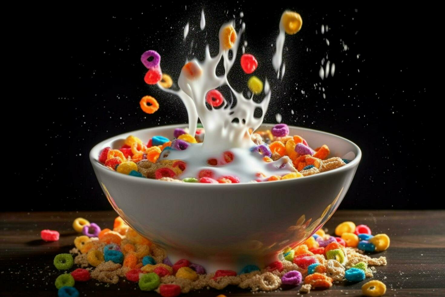 a bowl of cereal with milk and a splash of milk photo