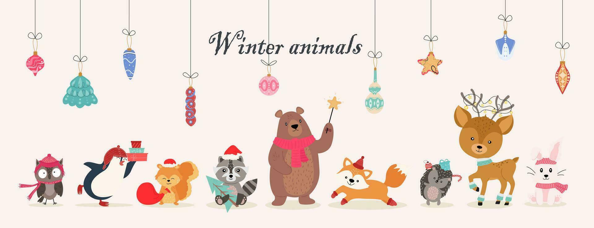 Inscription winter animals. Christmas characters - animals, bear, raccoon, squirrel, hedgehog, fox, owl, hare, penguin. New Year's balls. Vector illustration.
