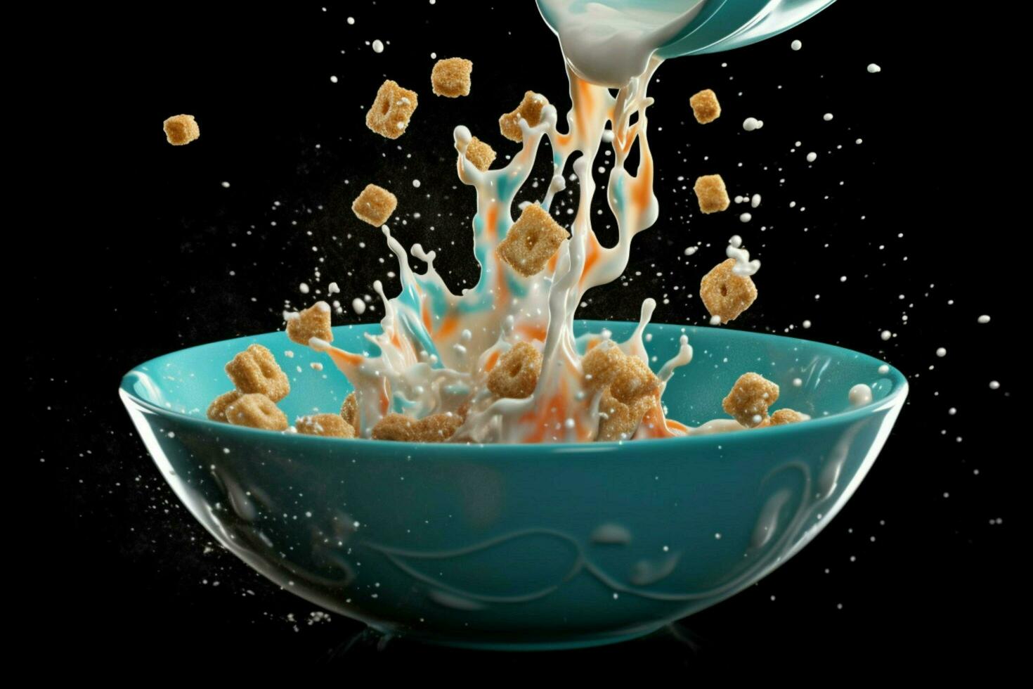 a bowl of cereal with milk and a splash of milk photo