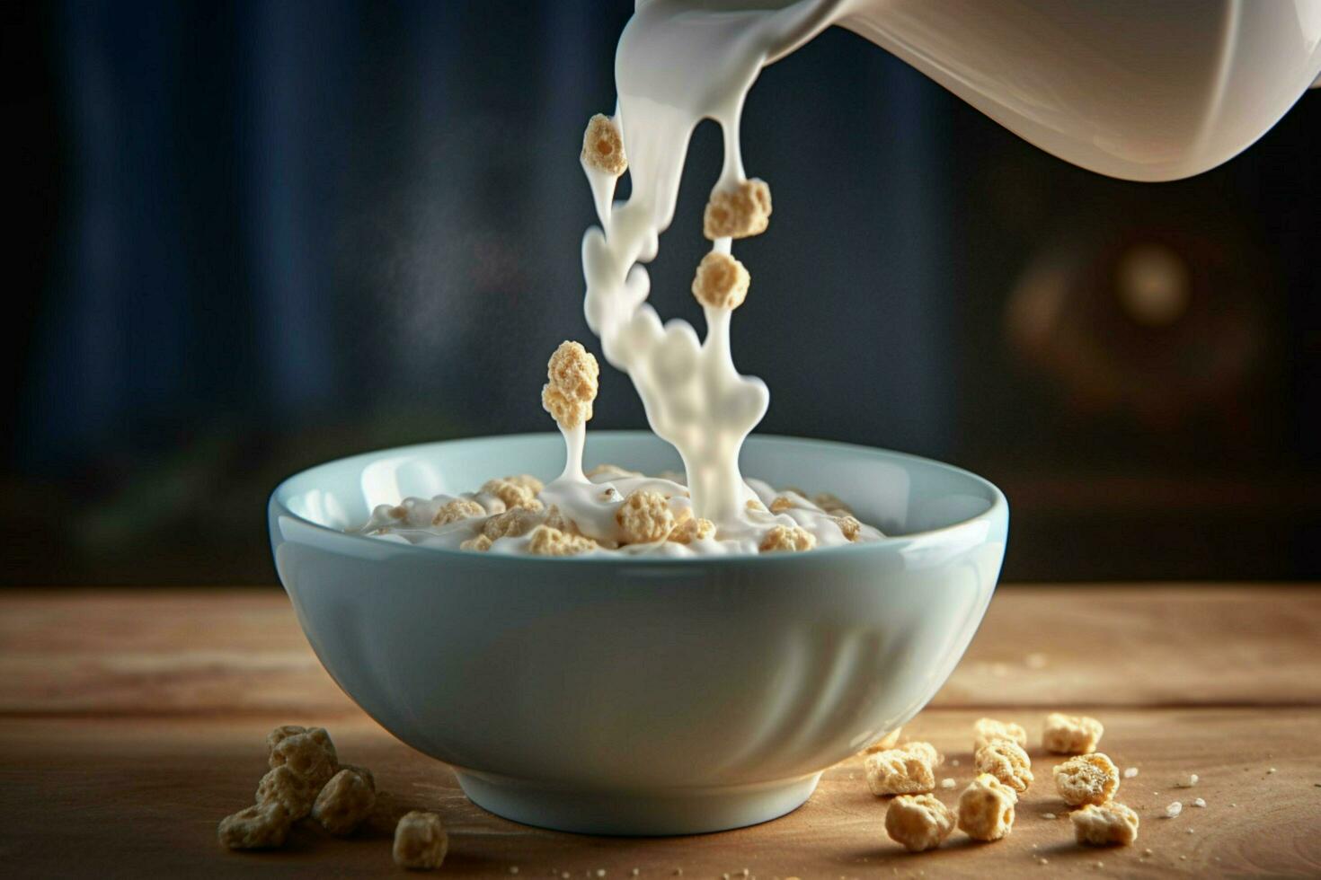 a bowl of cereal with a white liquid being poured photo