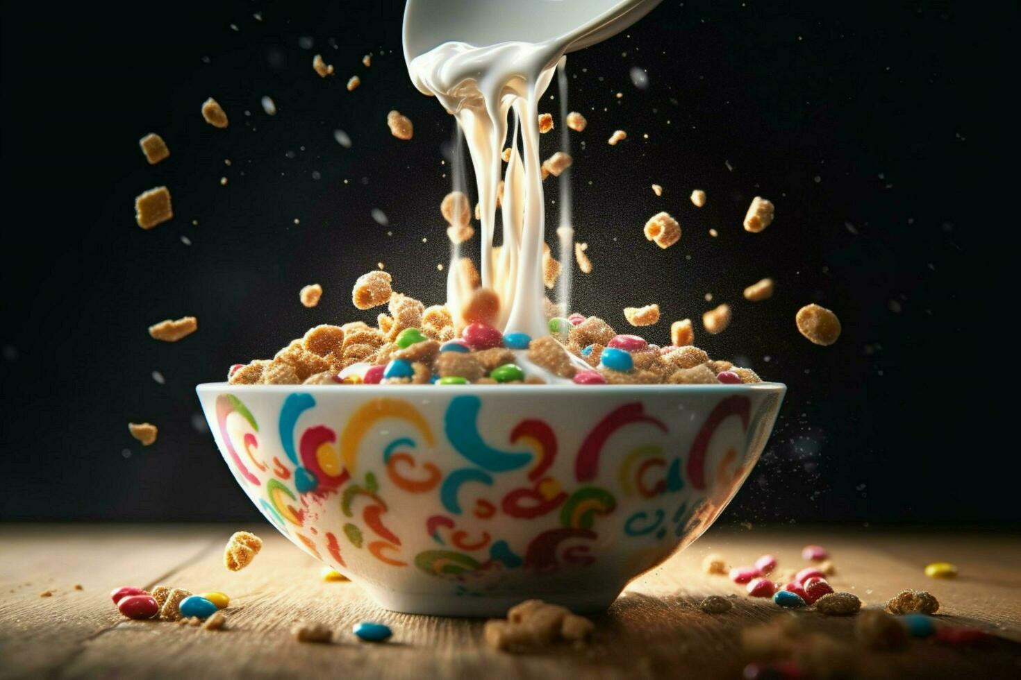 a bowl of cereal with milk pouring into it photo