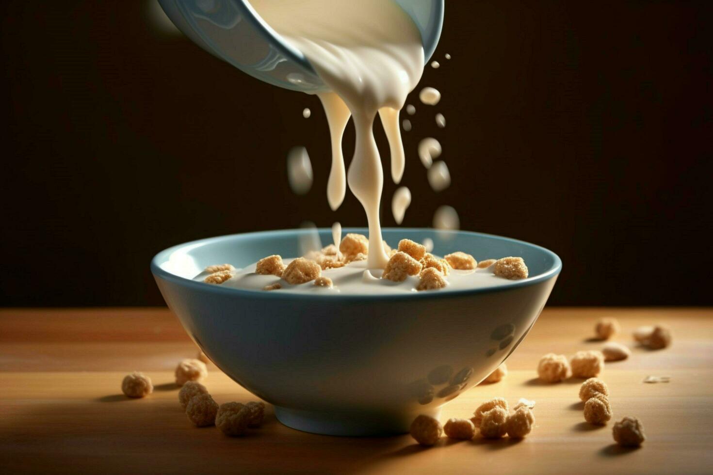a bowl of cereal with milk pouring into it photo