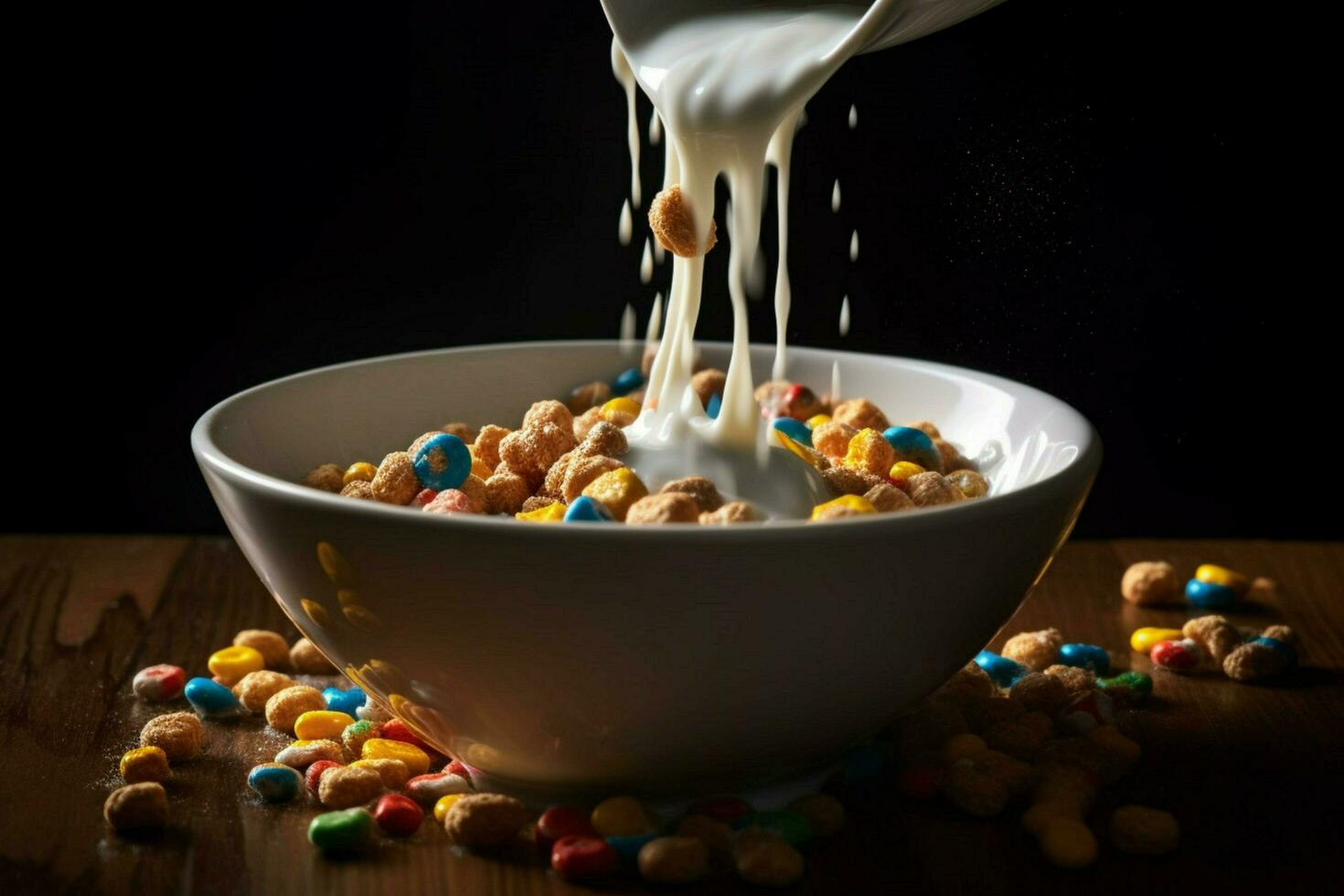 a bowl of cereal with milk pouring into it photo