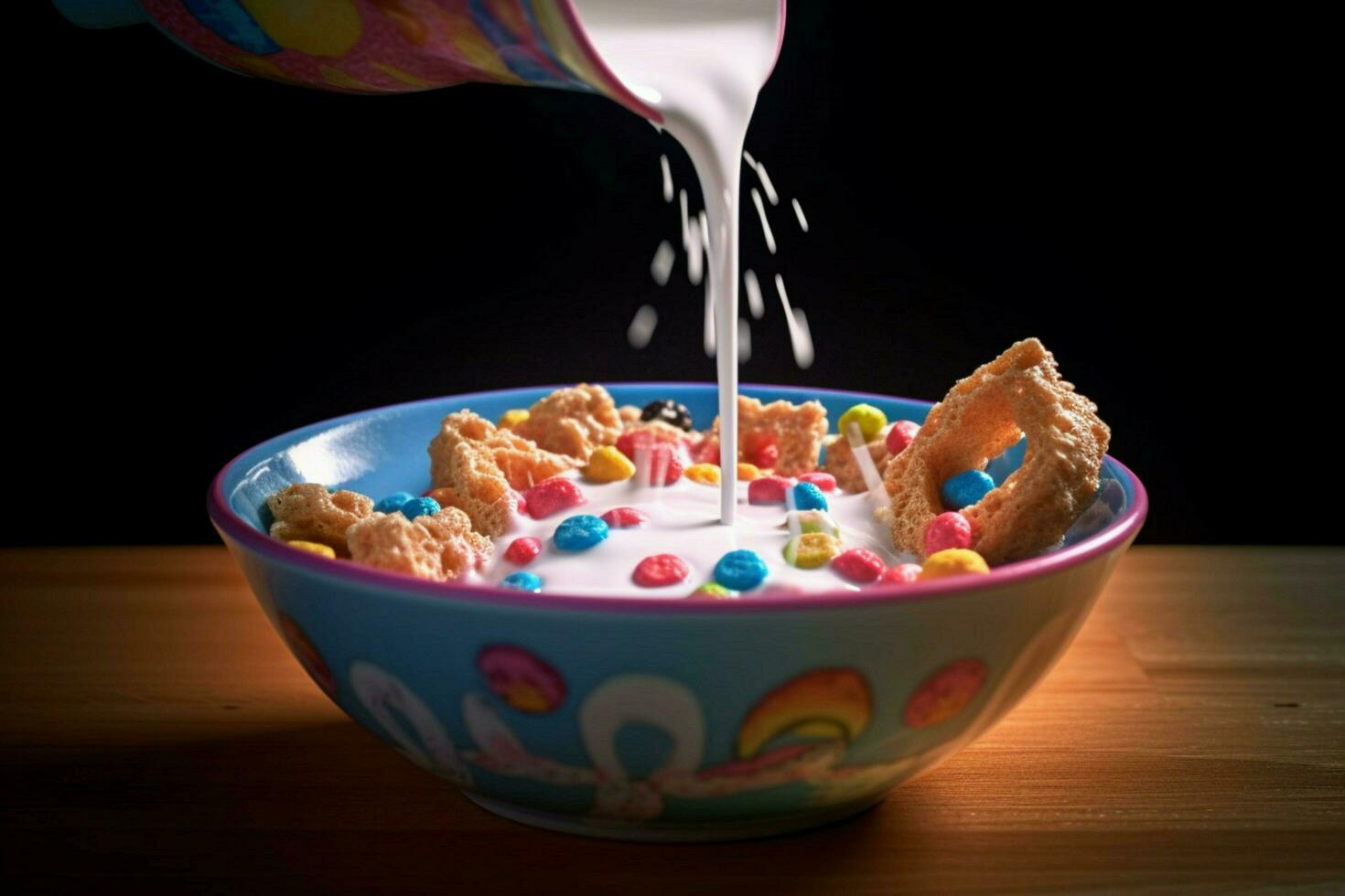 a bowl of cereal with milk pouring into it photo