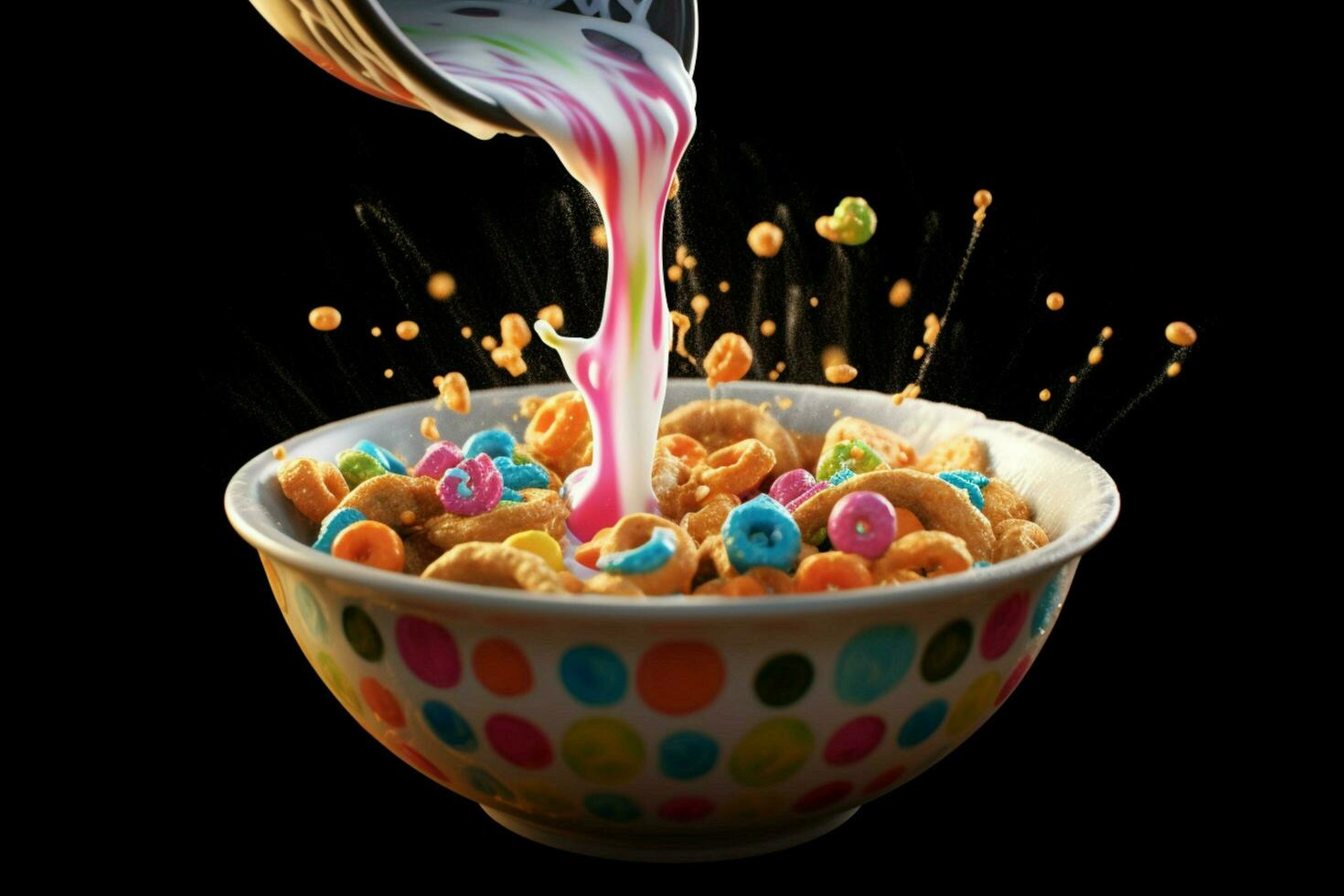 un cuenco de cereal con Leche torrencial dentro eso foto