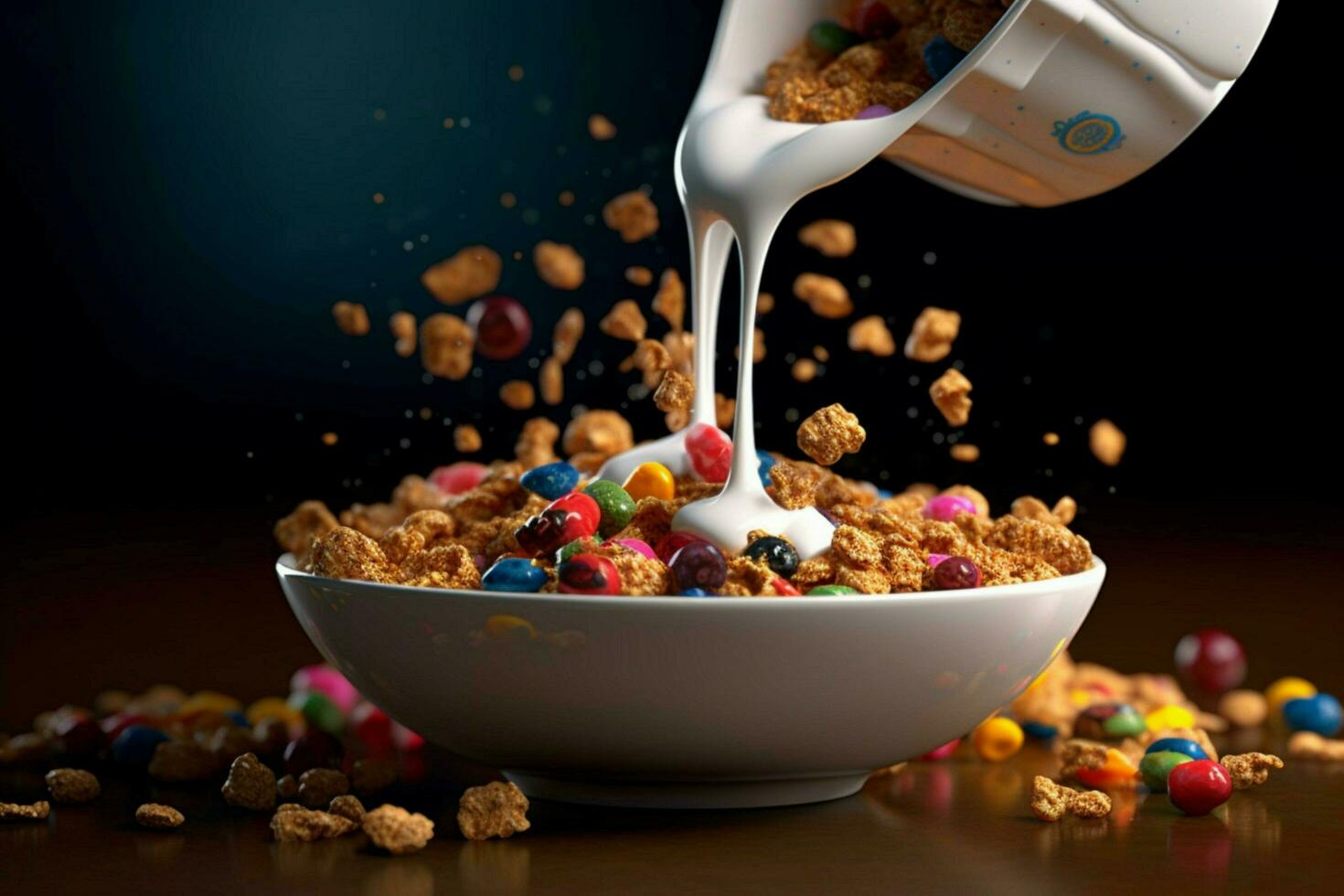 a bowl of cereal with milk pouring into it photo