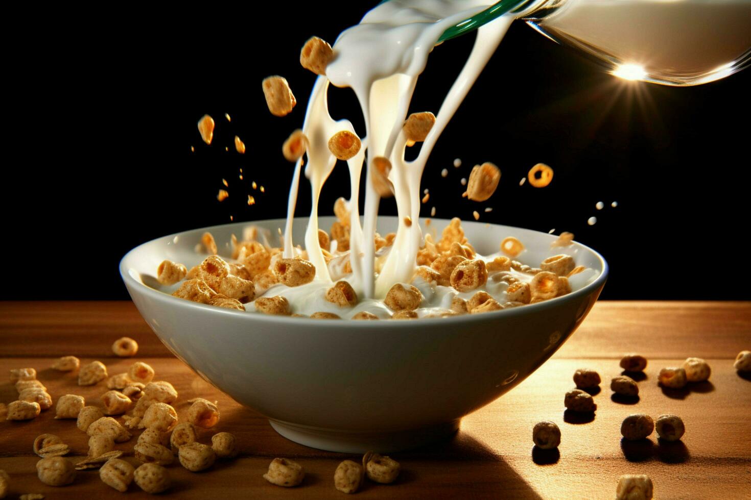 a bowl of cereal with milk pouring into it photo