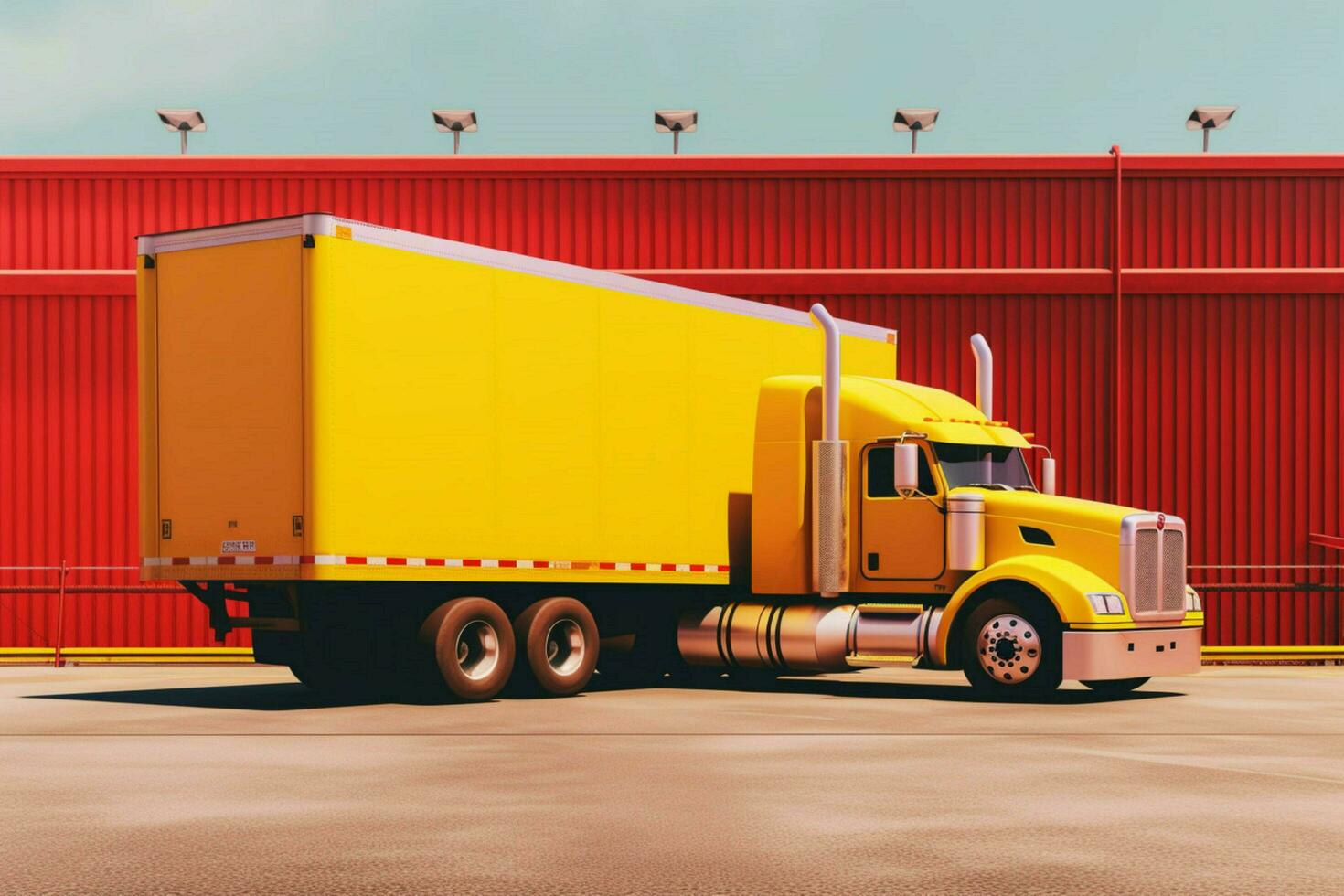 a bright yellow truck with a red trailer on the s photo