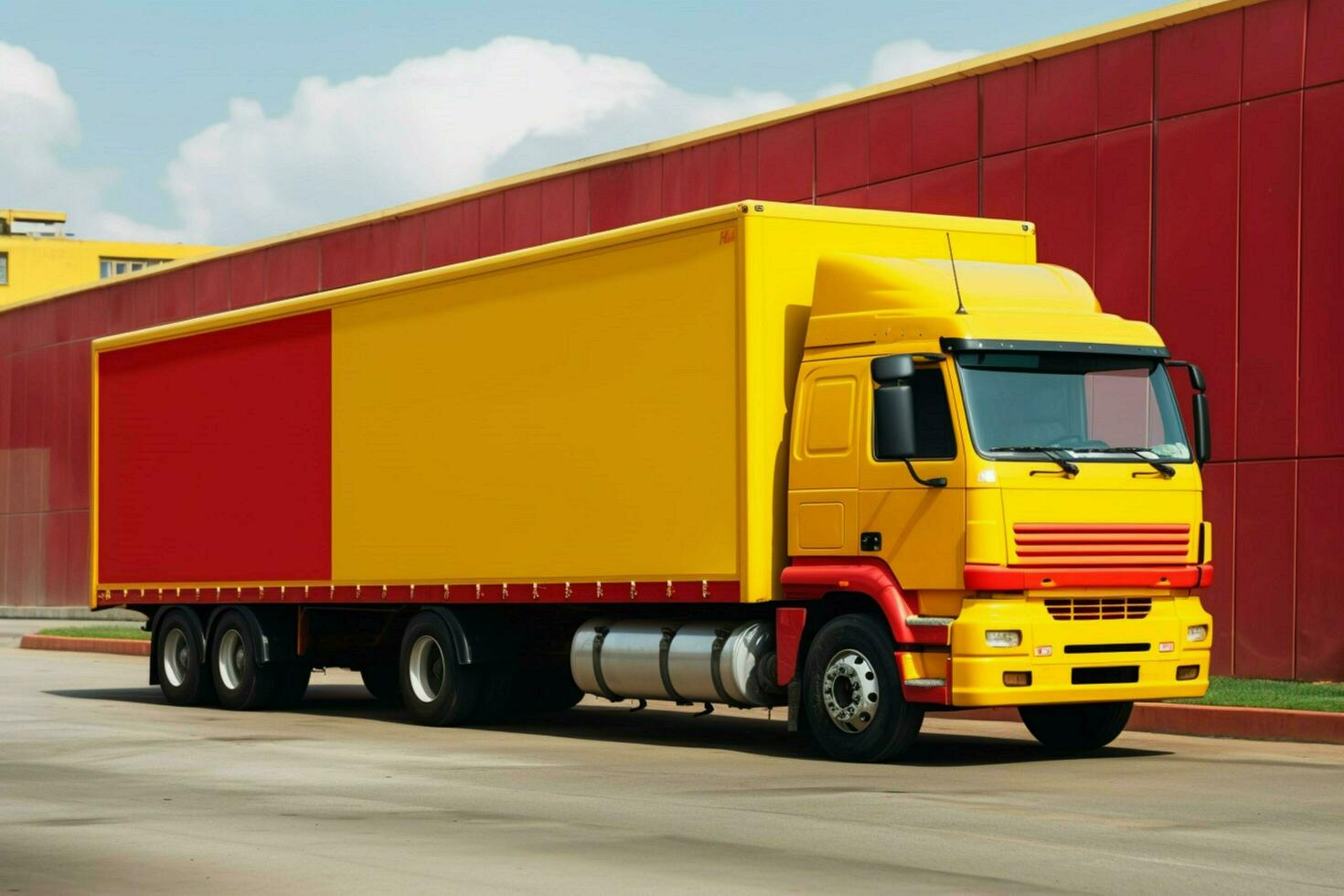 a bright yellow truck with a red trailer on the s photo