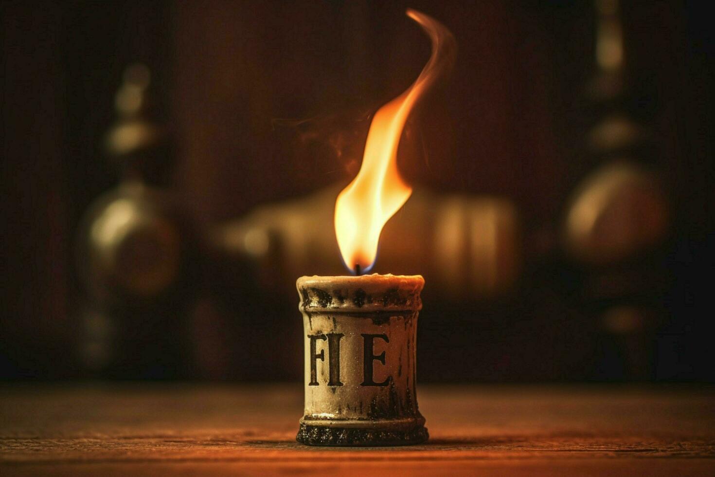 a candle in front of a fire with the word fire on i photo