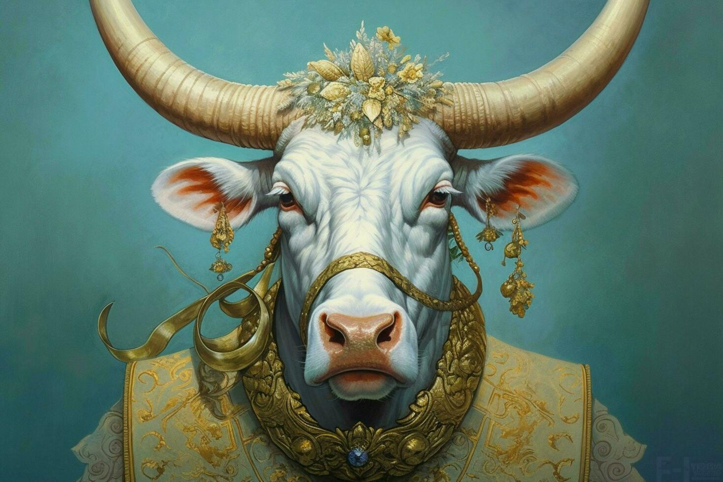 a bull with a gold ring on its horns is shown in photo