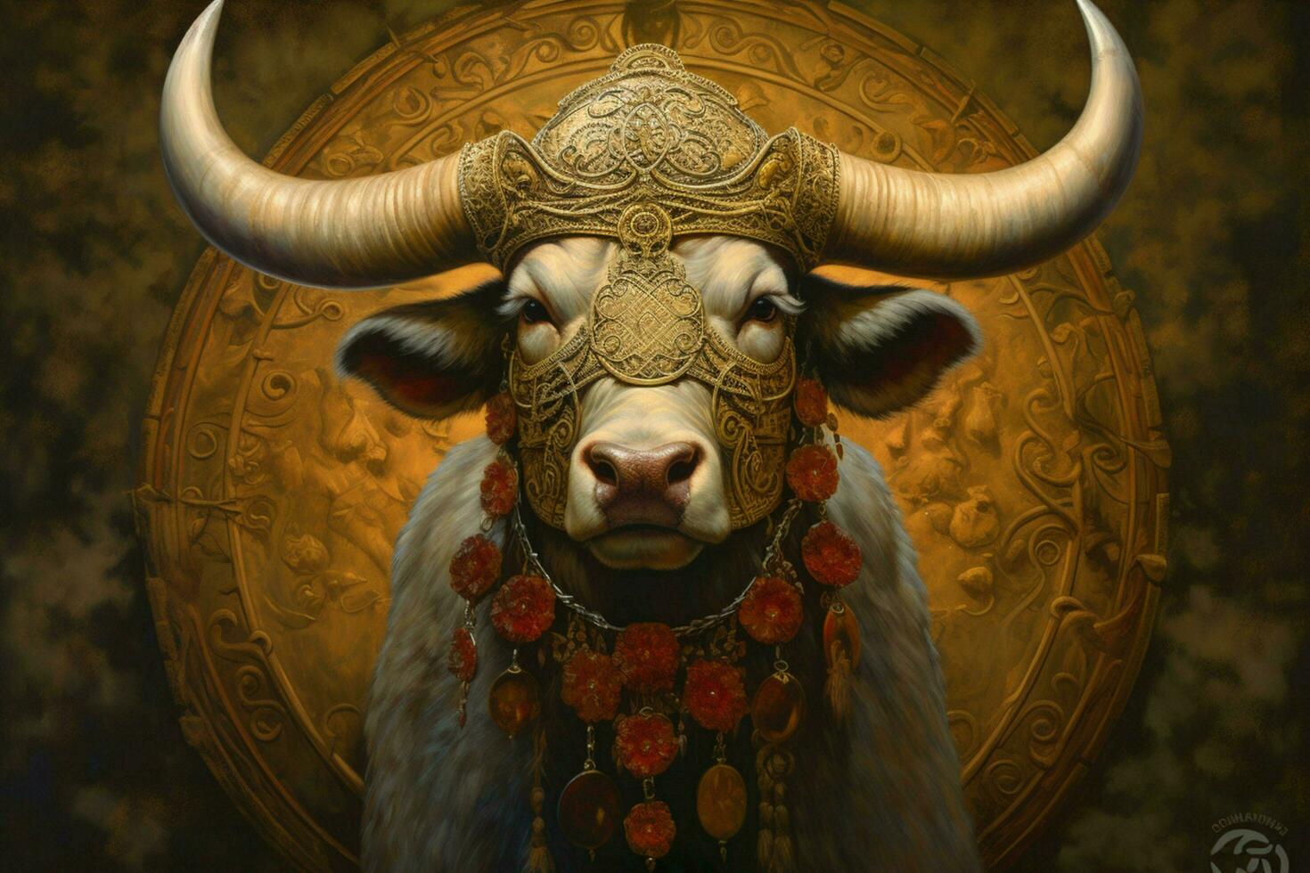 a bull with a gold ring on its horns is shown in photo