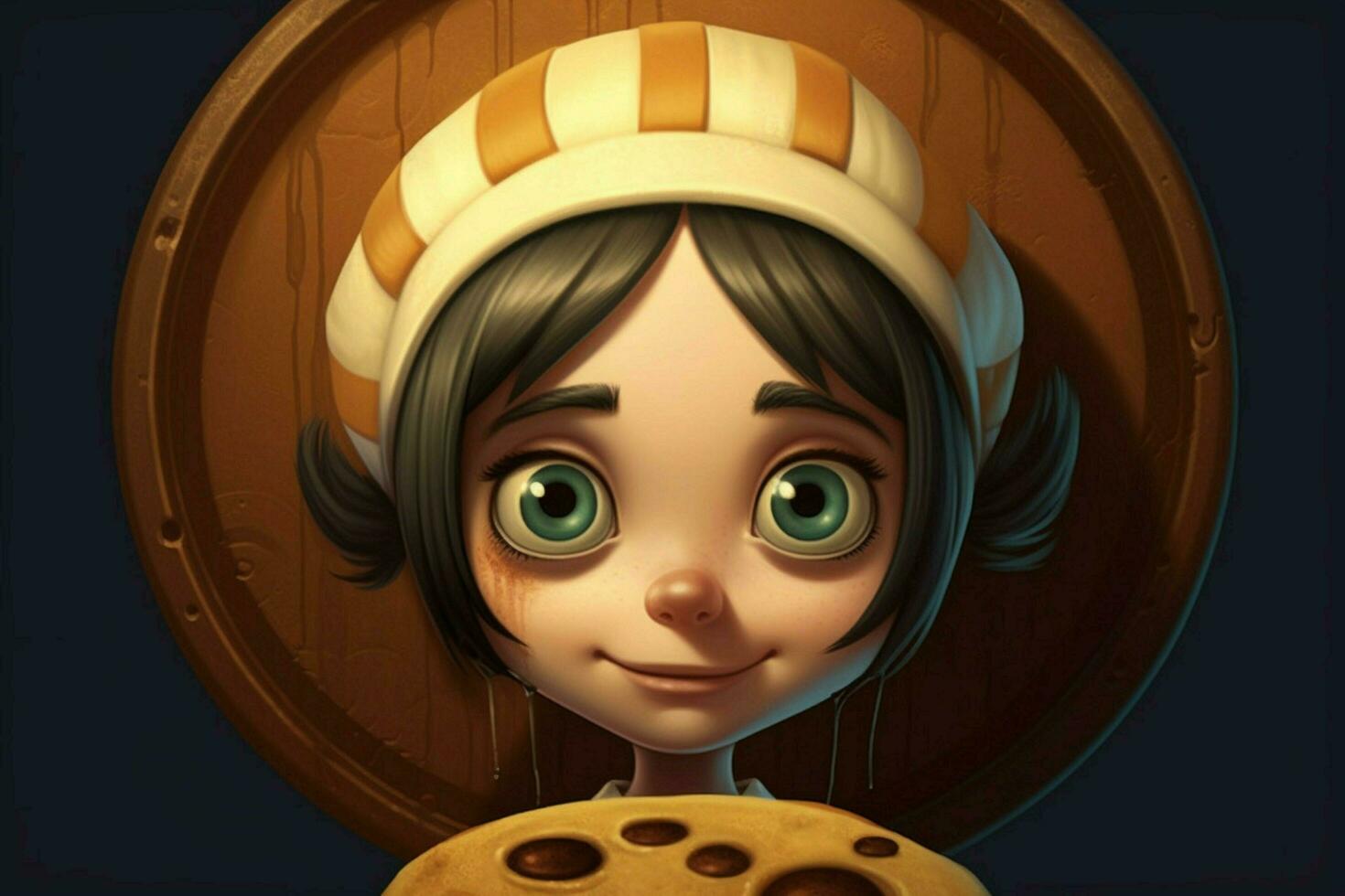 a cartoon character with a pan and pancake on her h photo