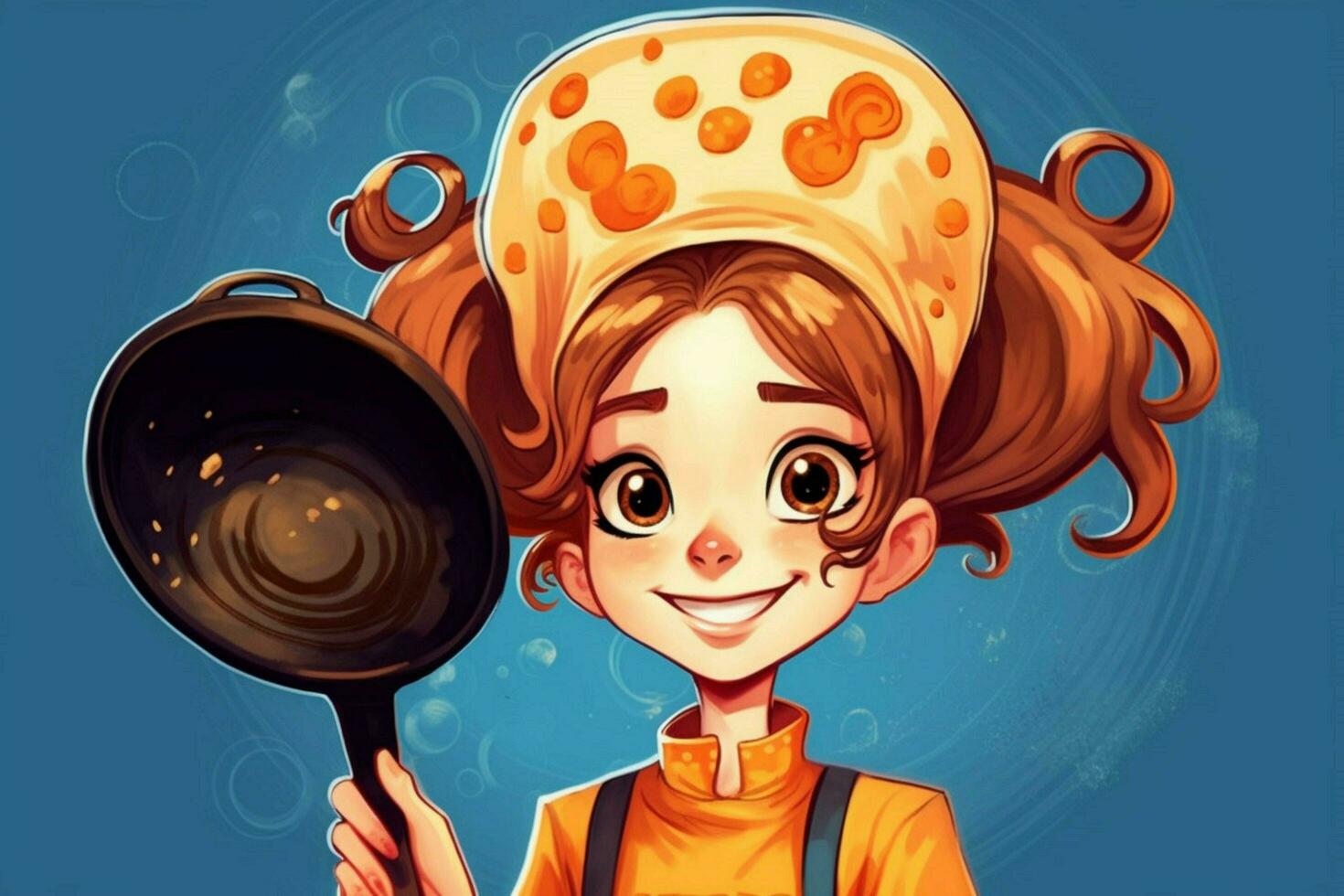 a cartoon character with a pan and pancake on her photo