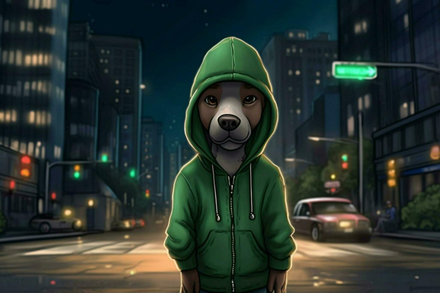 a cartoon dog with a green hoodie and a green hoo photo