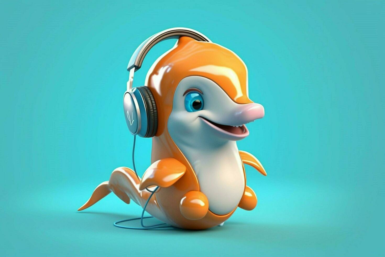 a cartoon dolphin with a headphones on his head photo