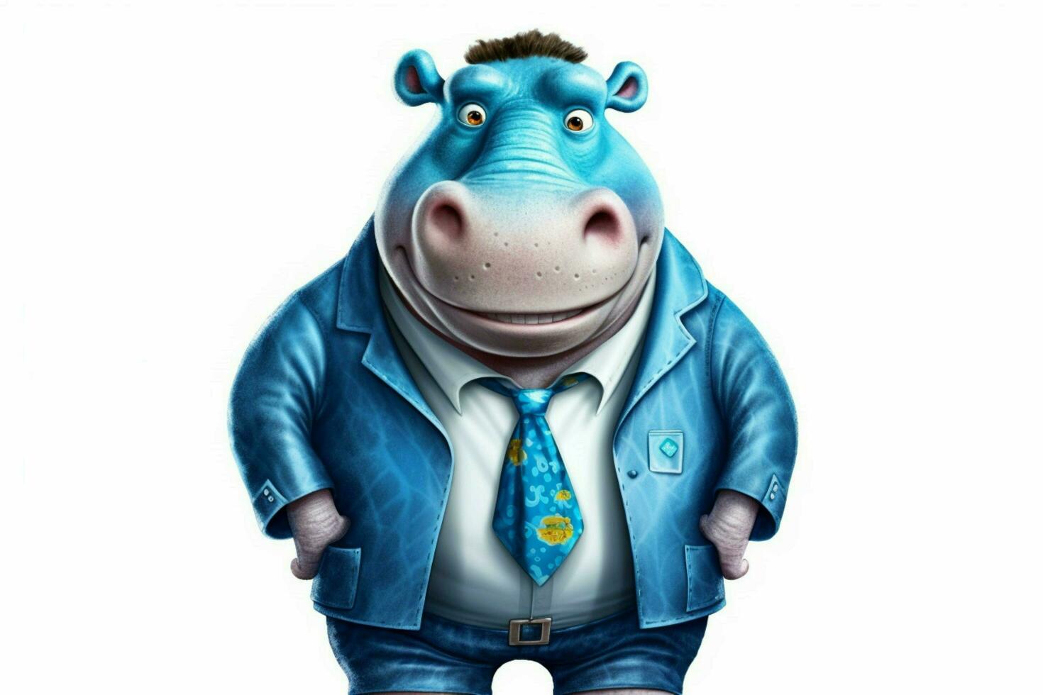 a cartoon hippo with a blue jacket and blue eyes photo