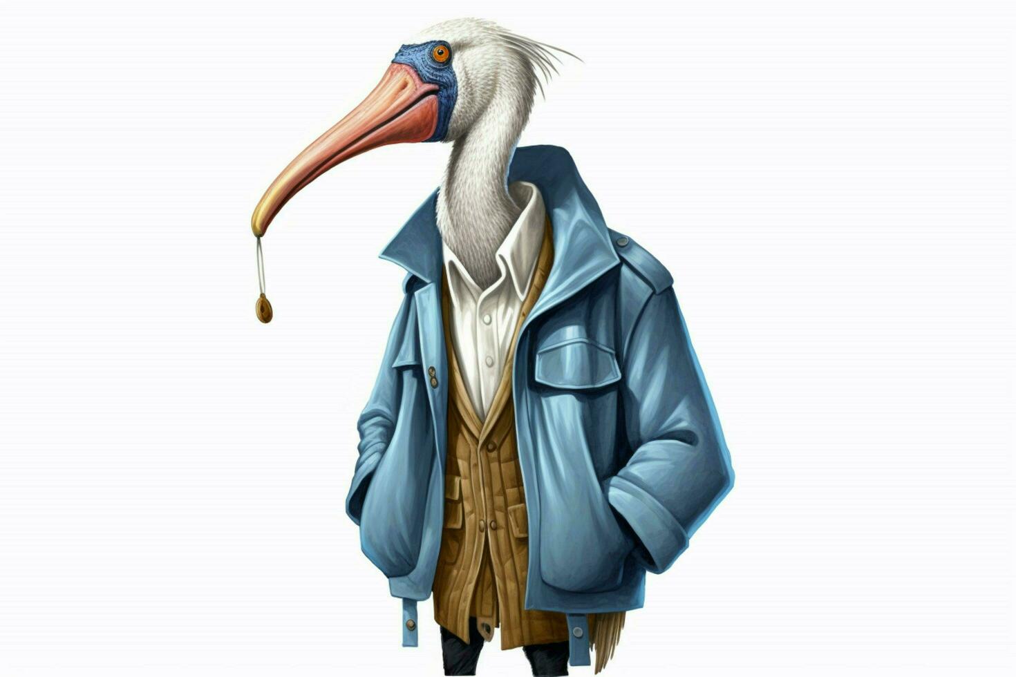 a cartoon of a bird wearing a jacket with the wor photo
