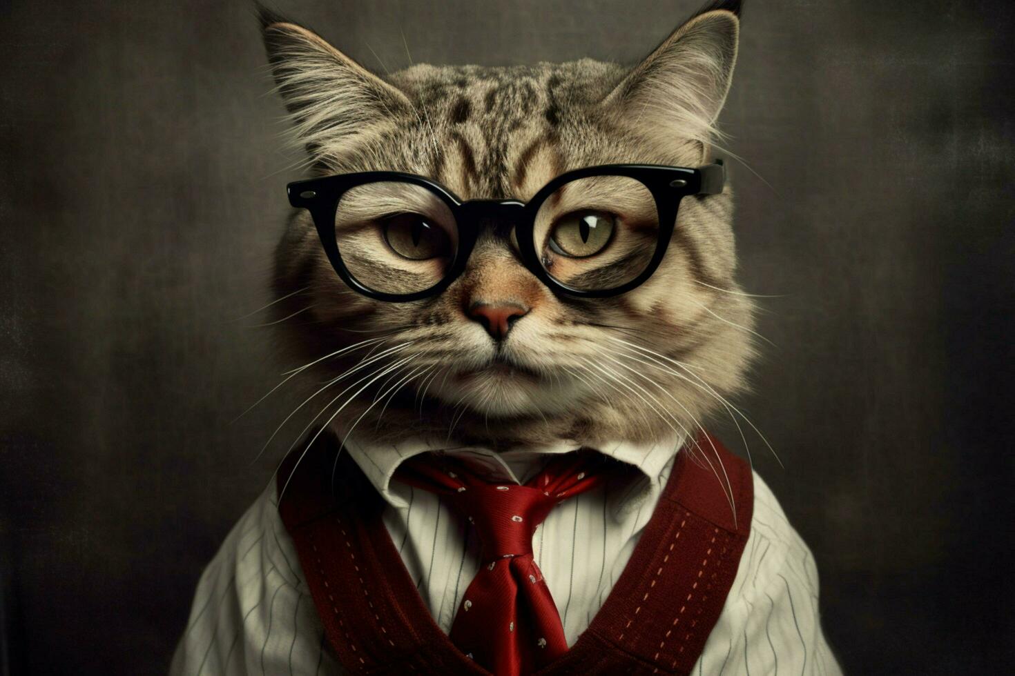 a cat wearing glasses and a red collar with a bla photo