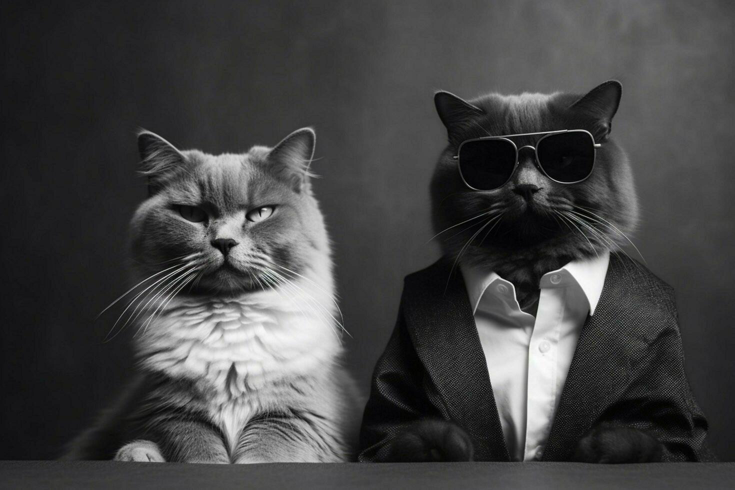 a cat wearing sunglasses and a black and white ca photo