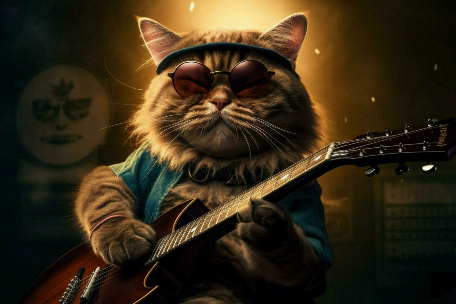 a cat with a guitar on it that says the word jazz o photo