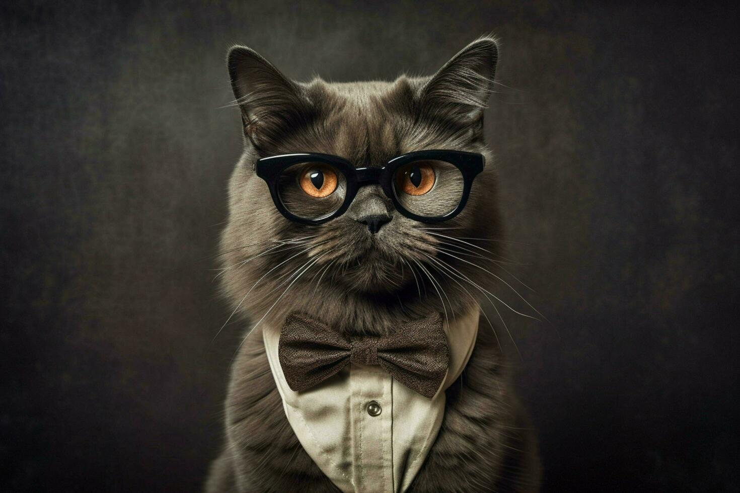 a cat with a black rimmed glasses and a black bow photo
