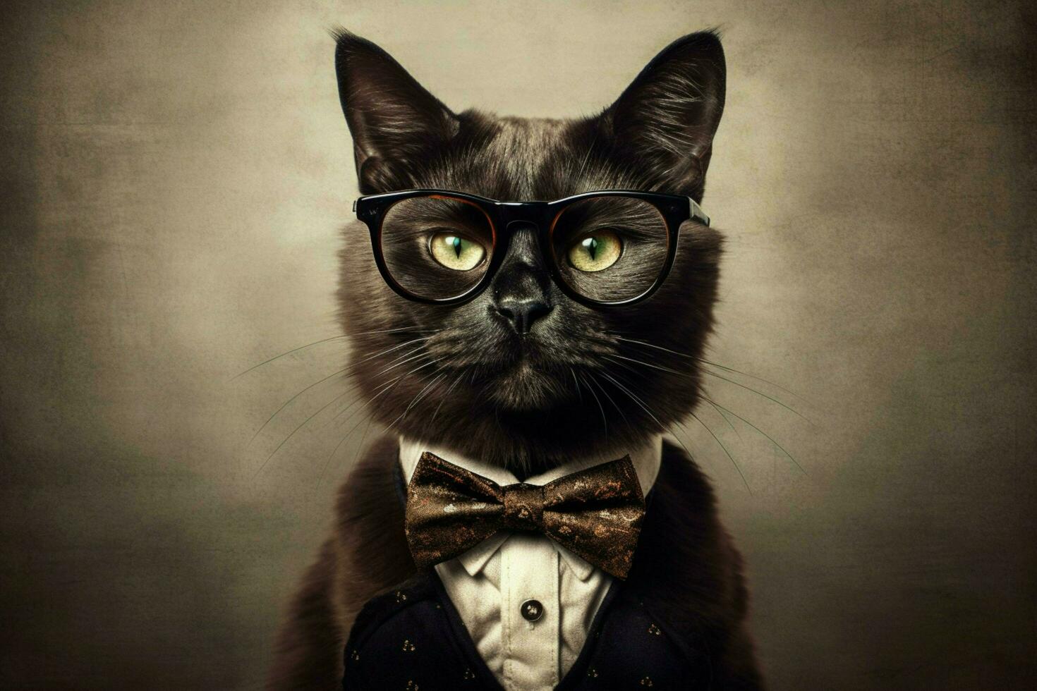 a cat with a black rimmed glasses and a black bow photo