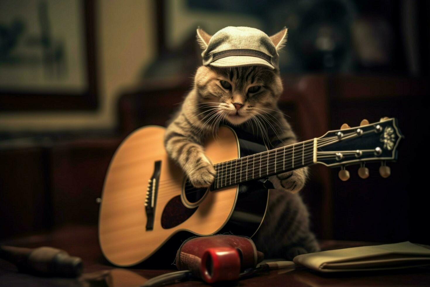 a cat with a guitar on it that says the word jazz photo