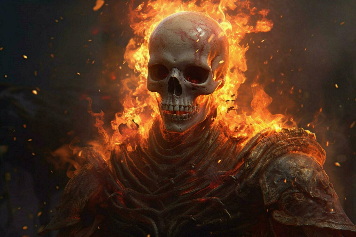 a character in a fire with a skull on his chest photo