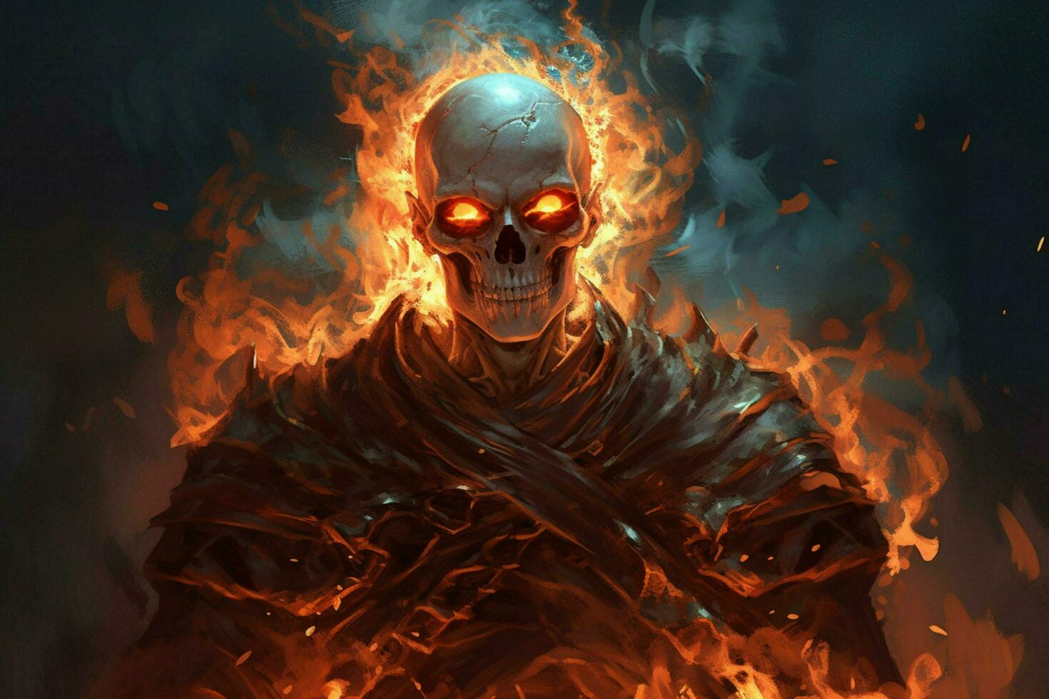 a character in a fire with a skull on his chest photo