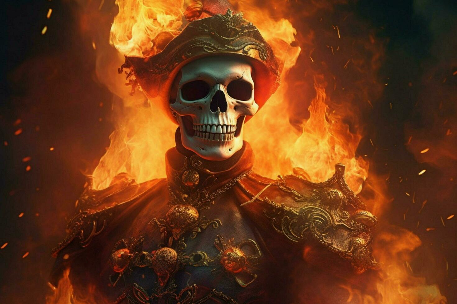 a character in a fire with a skull on his chest photo